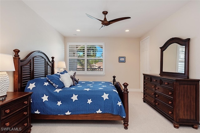 bedroom featuring light carpet, recessed lighting, baseboards, and ceiling fan