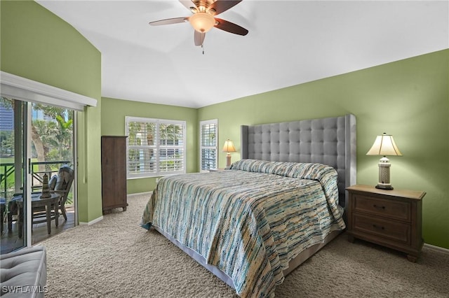 carpeted bedroom featuring access to outside, baseboards, and ceiling fan