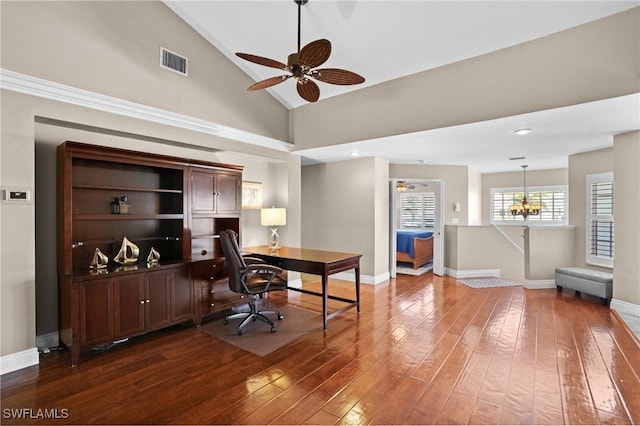 office space featuring dark wood-style floors, visible vents, and baseboards