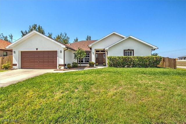 ranch-style house featuring a garage, concrete driveway, fence, a front yard, and stucco siding