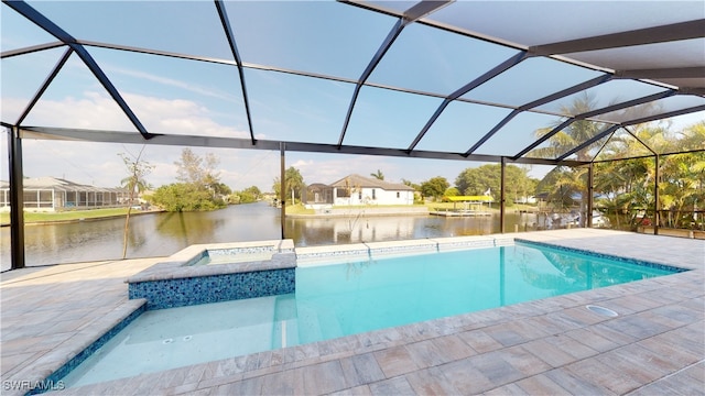 outdoor pool with a water view, a hot tub, a lanai, and a patio