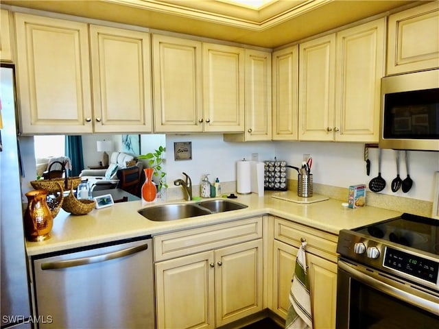 kitchen featuring stainless steel appliances, a sink, and light countertops