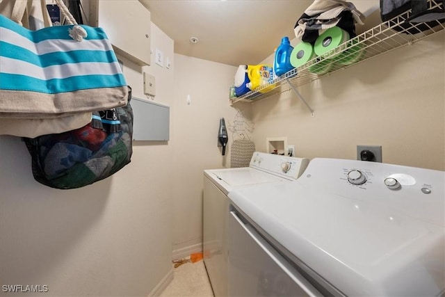 laundry room featuring laundry area, baseboards, and washing machine and clothes dryer