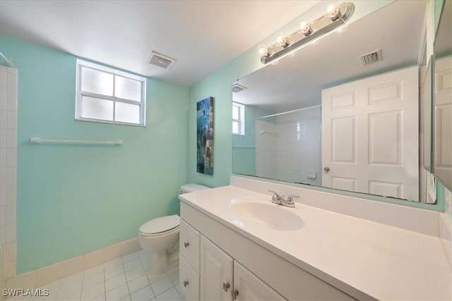 full bath featuring tile patterned flooring, visible vents, toilet, and a shower