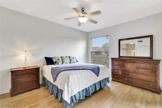 bedroom featuring ceiling fan and light wood-style flooring