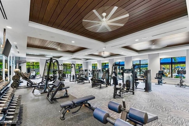 exercise room featuring wooden ceiling