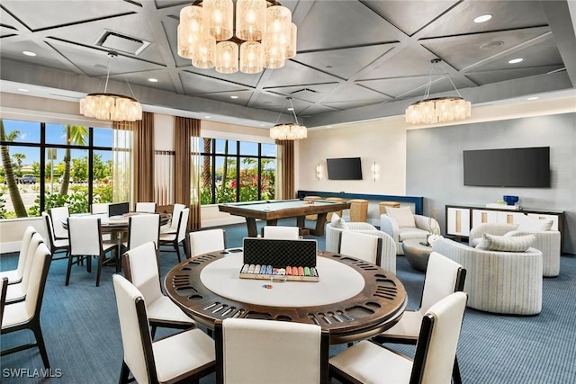 interior space with carpet floors, recessed lighting, visible vents, an inviting chandelier, and coffered ceiling