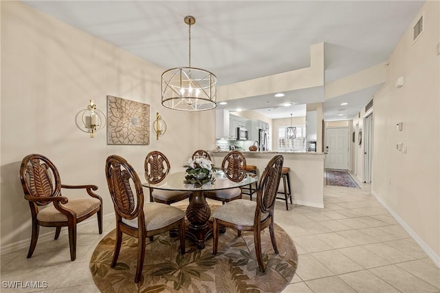 dining space with visible vents, baseboards, recessed lighting, light tile patterned flooring, and a notable chandelier