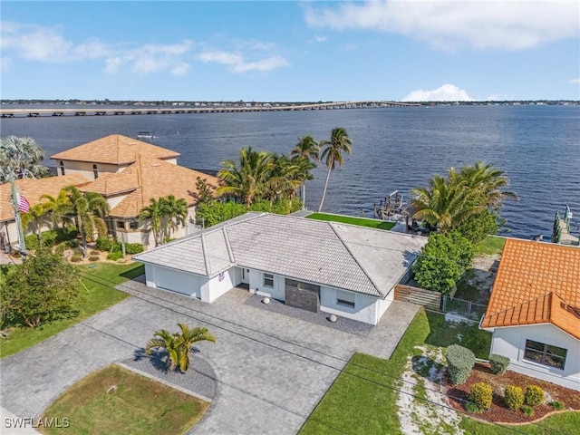 drone / aerial view featuring a water view