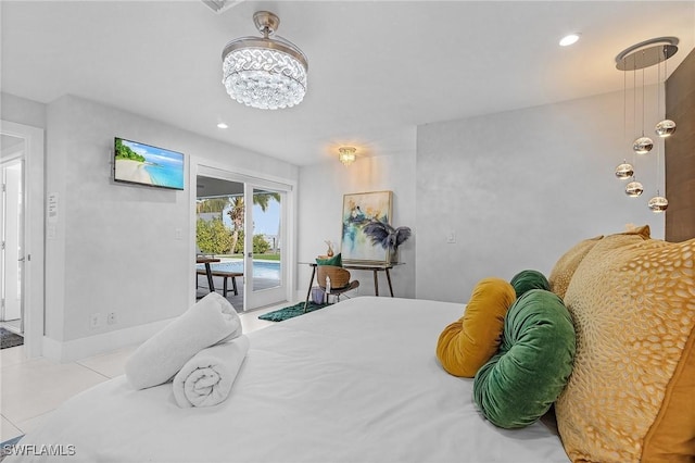 bedroom featuring access to exterior, recessed lighting, tile patterned floors, and an inviting chandelier