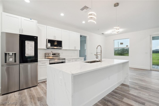 kitchen with a sink, visible vents, white cabinetry, appliances with stainless steel finishes, and a center island with sink