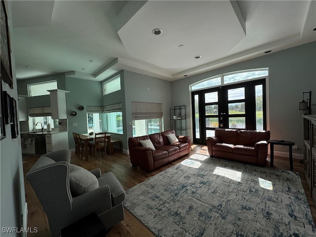 living room featuring french doors, a tray ceiling, baseboards, and wood finished floors