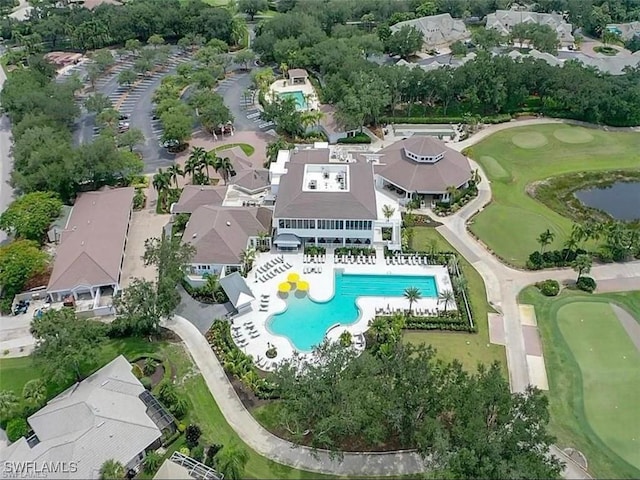 aerial view featuring a residential view and view of golf course