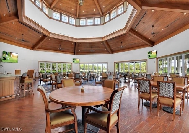 dining area featuring wooden ceiling, wood finished floors, and plenty of natural light