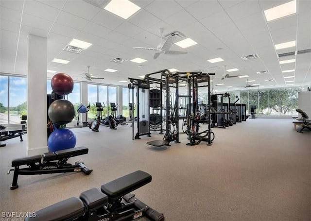gym featuring visible vents, ceiling fan, a paneled ceiling, and a wealth of natural light