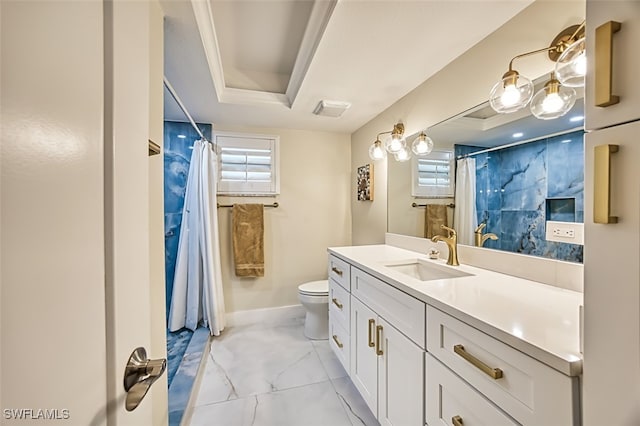 full bathroom featuring vanity, baseboards, curtained shower, toilet, and marble finish floor