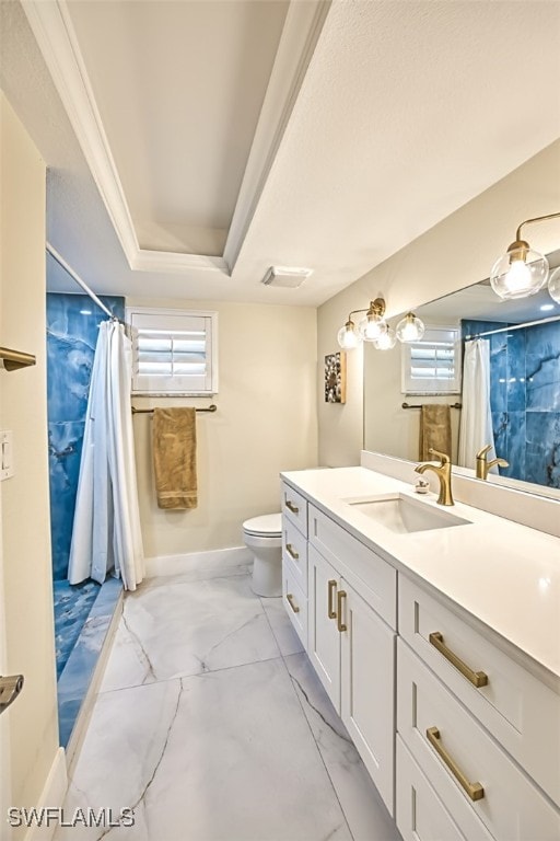 full bath featuring a tray ceiling, plenty of natural light, toilet, and marble finish floor