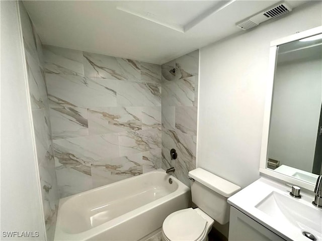 full bathroom with shower / washtub combination, visible vents, vanity, and toilet