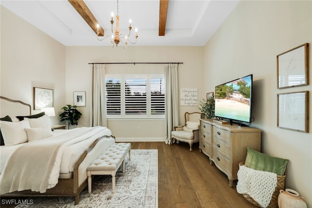 bedroom with dark wood-type flooring, beam ceiling, a chandelier, and baseboards