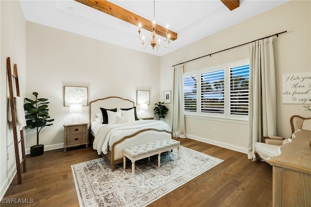 bedroom featuring a notable chandelier, baseboards, dark wood-type flooring, and beamed ceiling