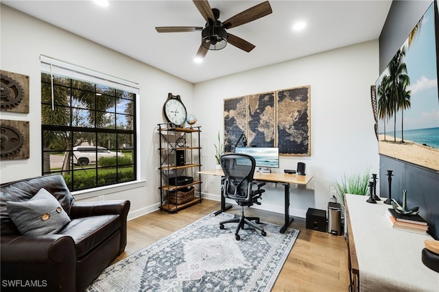 office area featuring a ceiling fan, recessed lighting, baseboards, and wood finished floors