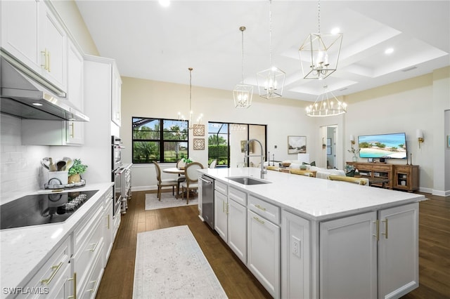 kitchen with black electric stovetop, a sink, stainless steel dishwasher, backsplash, and dark wood-style floors