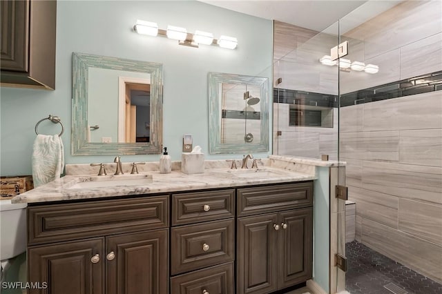 full bathroom featuring a sink, a shower stall, and double vanity