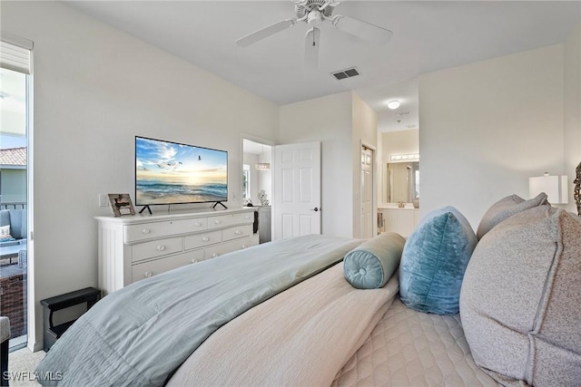 bedroom with ceiling fan, ensuite bath, and visible vents