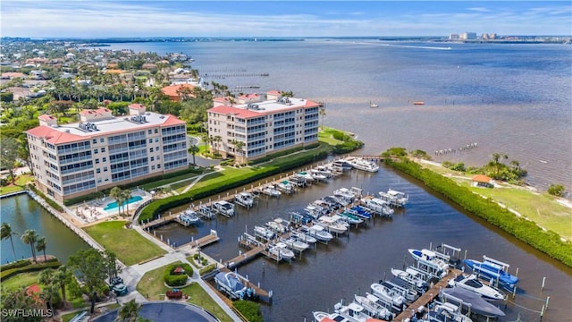 bird's eye view with a water view