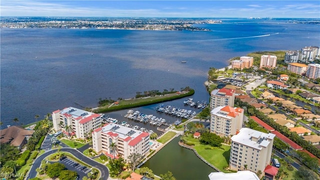 bird's eye view featuring a water view and a city view