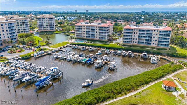 aerial view featuring a water view and a city view