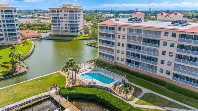 drone / aerial view with a water view