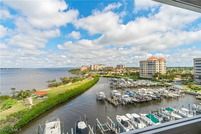 water view with a dock and a city view