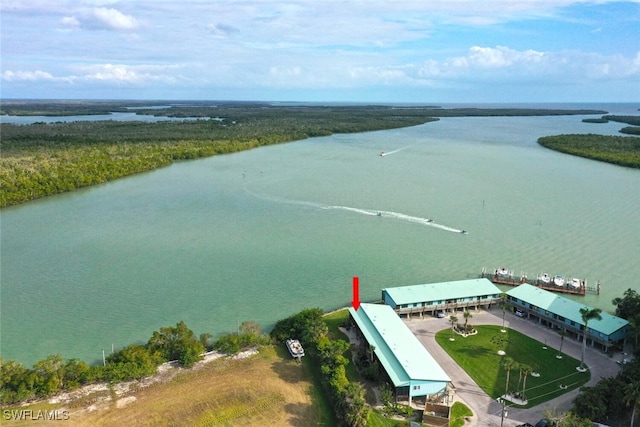 birds eye view of property with a water view