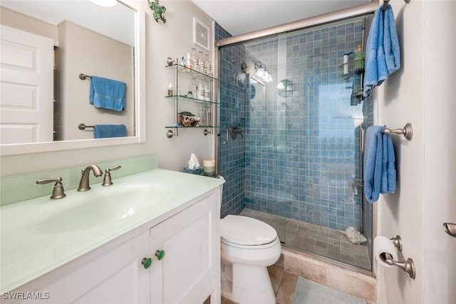 full bath featuring a stall shower, visible vents, toilet, tile patterned flooring, and vanity