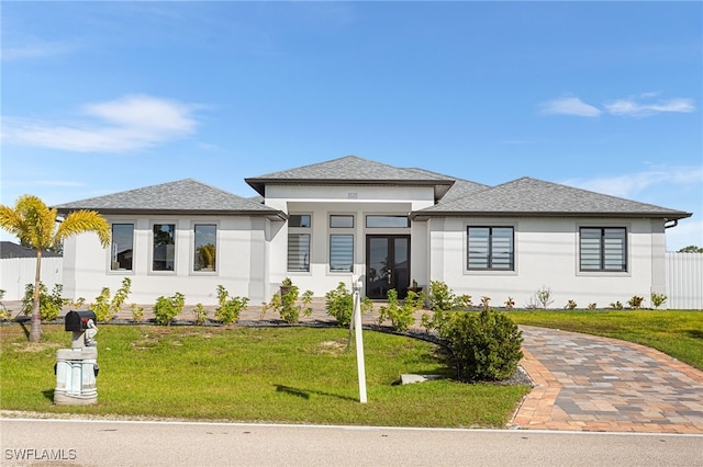 prairie-style home featuring stucco siding, a shingled roof, and a front yard