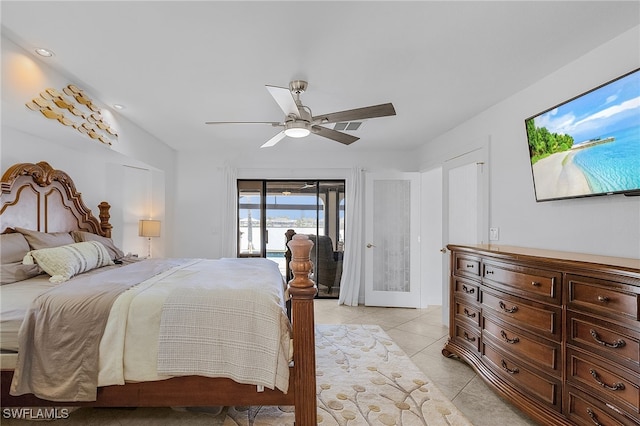 bedroom with ceiling fan, access to outside, and light tile patterned flooring