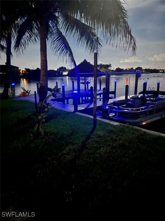 dock area with a water view and a lawn