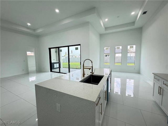 kitchen with a tray ceiling, light stone counters, a sink, and open floor plan