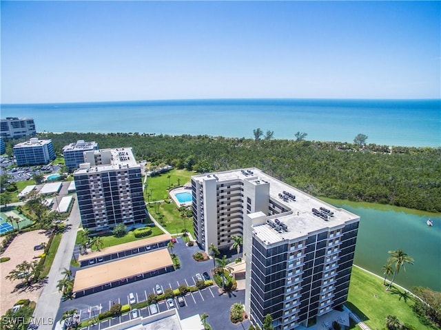 aerial view with a water view and a view of city