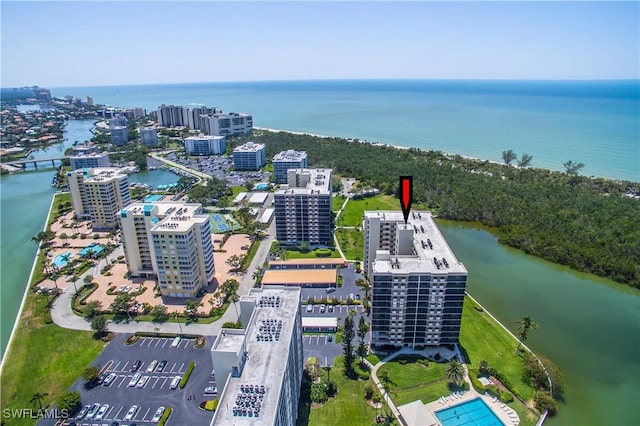 bird's eye view with a water view and a view of city