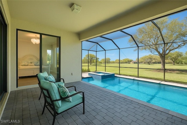1821 Lema Ct, Naples, FL 34120 - view of swimming pool featuring glass enclosure, a patio, a pool with connected hot tub, and a lawn