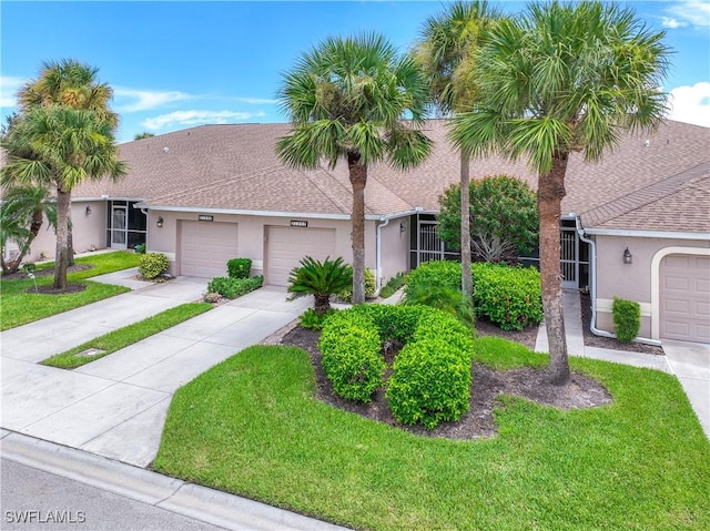 multi unit property featuring roof with shingles, stucco siding, an attached garage, driveway, and a front lawn