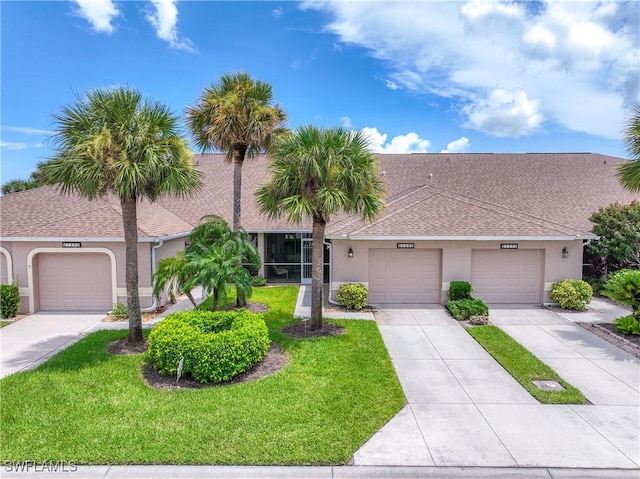 view of front of property with an attached garage, a shingled roof, concrete driveway, stucco siding, and a front lawn