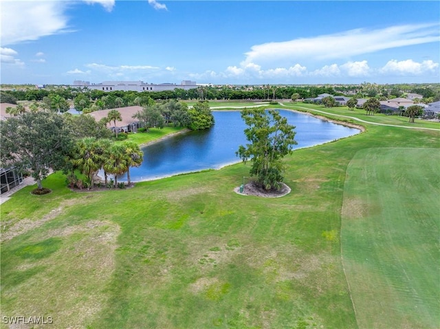 drone / aerial view with a water view