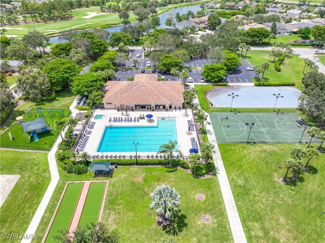 aerial view featuring a water view