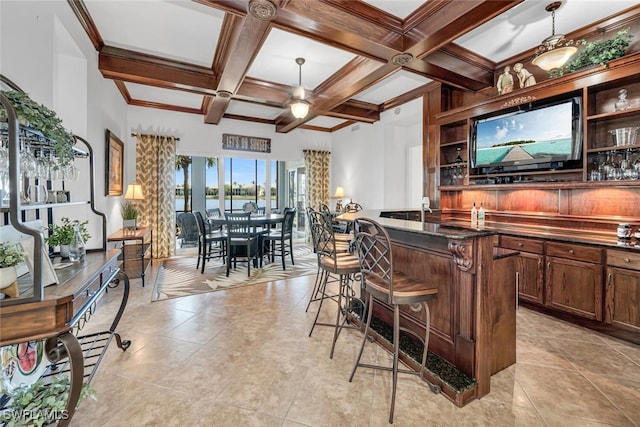 bar with beamed ceiling, coffered ceiling, indoor bar, and ornamental molding