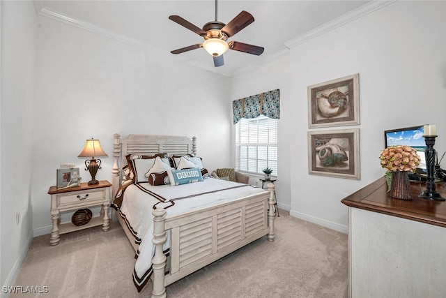 bedroom with ornamental molding, a ceiling fan, baseboards, and light carpet