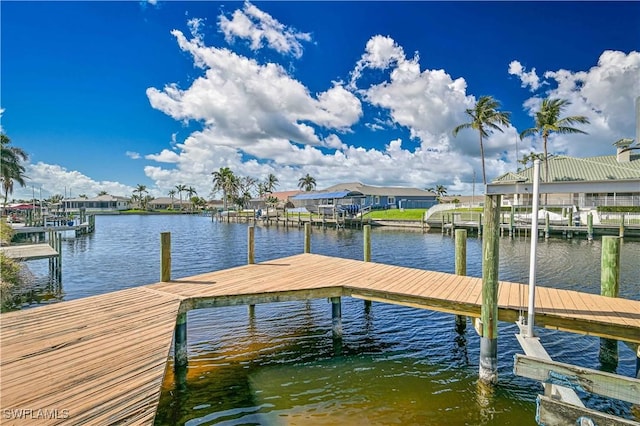 view of dock featuring a water view and a residential view