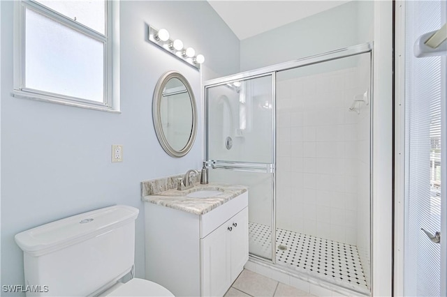 bathroom featuring toilet, a stall shower, tile patterned floors, and vanity